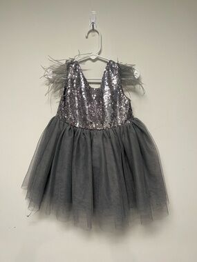 Silver Sequin Tulle Party Dress with Feather Shoulders